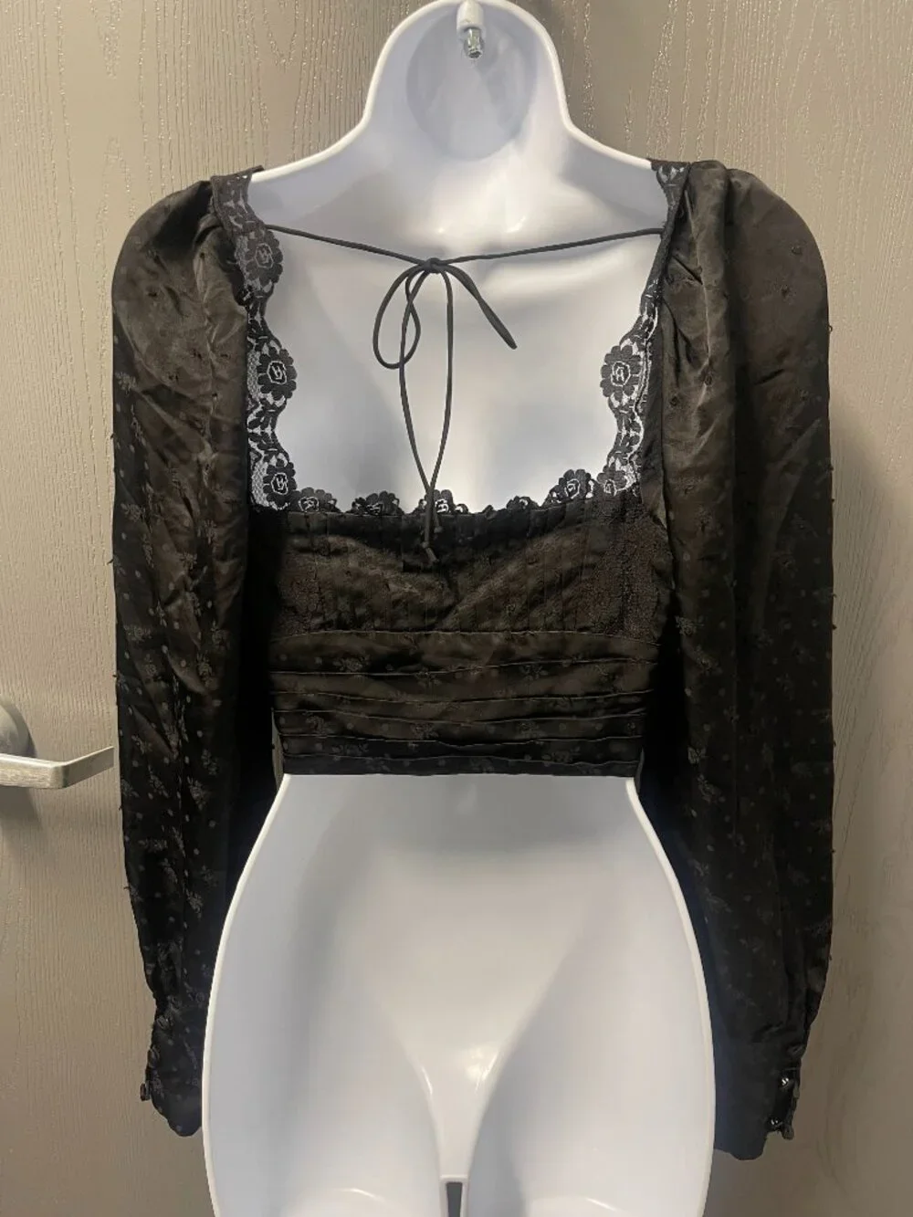 For Love & Lemons Liz Black Lace Swiss Dot Cropped Blouse XS